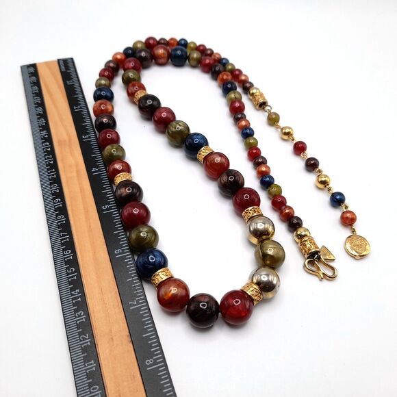 VTG Liz Claiborne Necklace Multi Color Resin Beads Gold Tone Hook Clasp, 33" - Picture 10 of 12